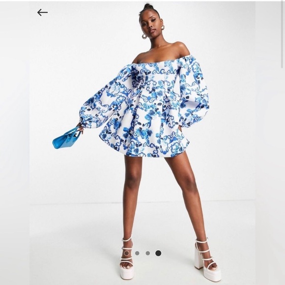 ASOS Mini Skater dress with Blue and White Design - Picture 4 of 8